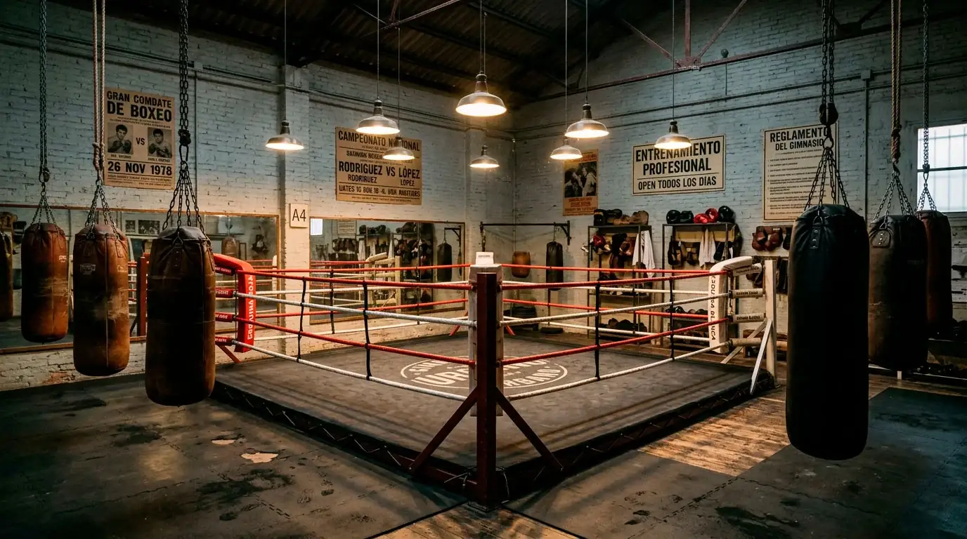 Gimnasio de boxeo espanol con sacos y ring de entrenamiento